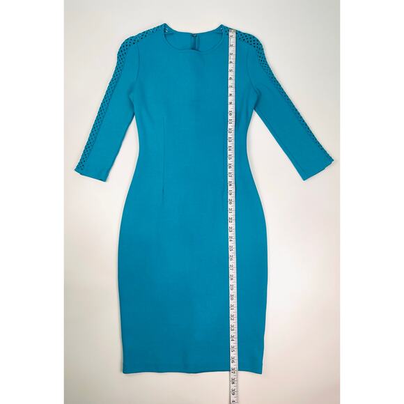 St. John Size 2 Sapphire Knit Bodycon Midi Dress Statement Sleeves NWOT - Picture 6 of 10